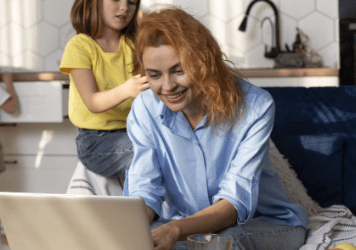 front view woman looking box after ordering online